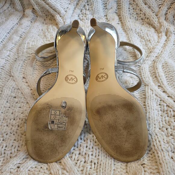 Michael Kors Women Koda Leather Logo Strappy High Heel Sandals Size 7M Silver - Picture 7 of 8